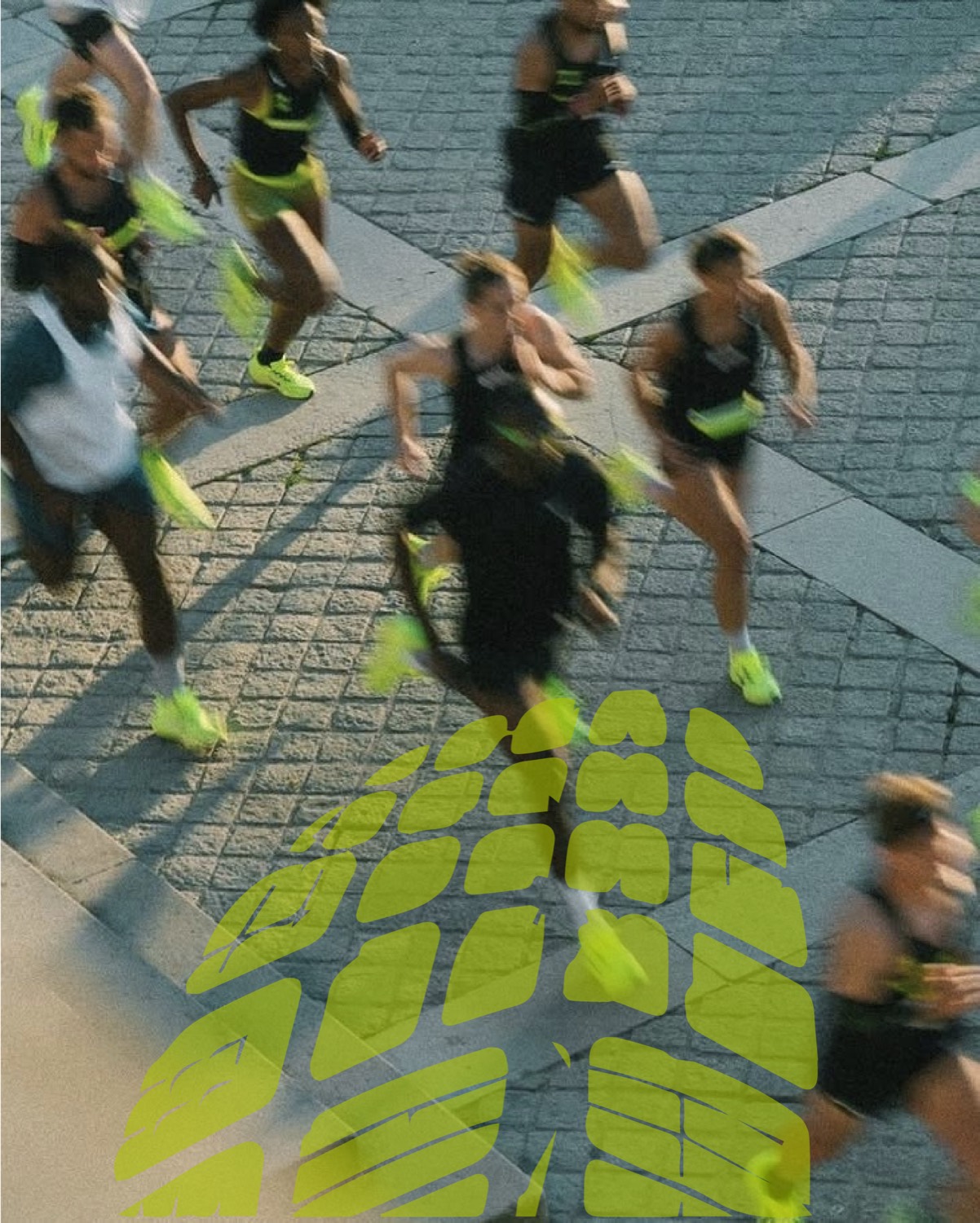 Runners in motion with the Alt Five graphic marking the road