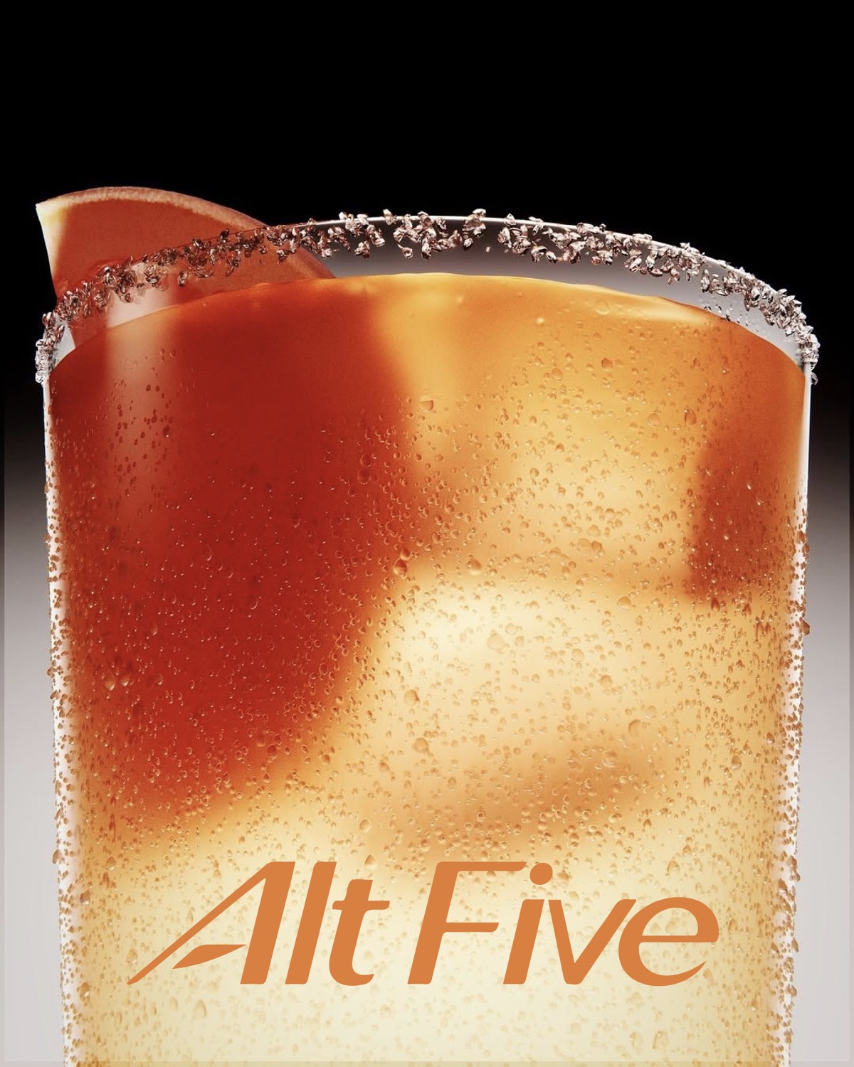 An Alt Five drink, amber liquid behind the wordmark