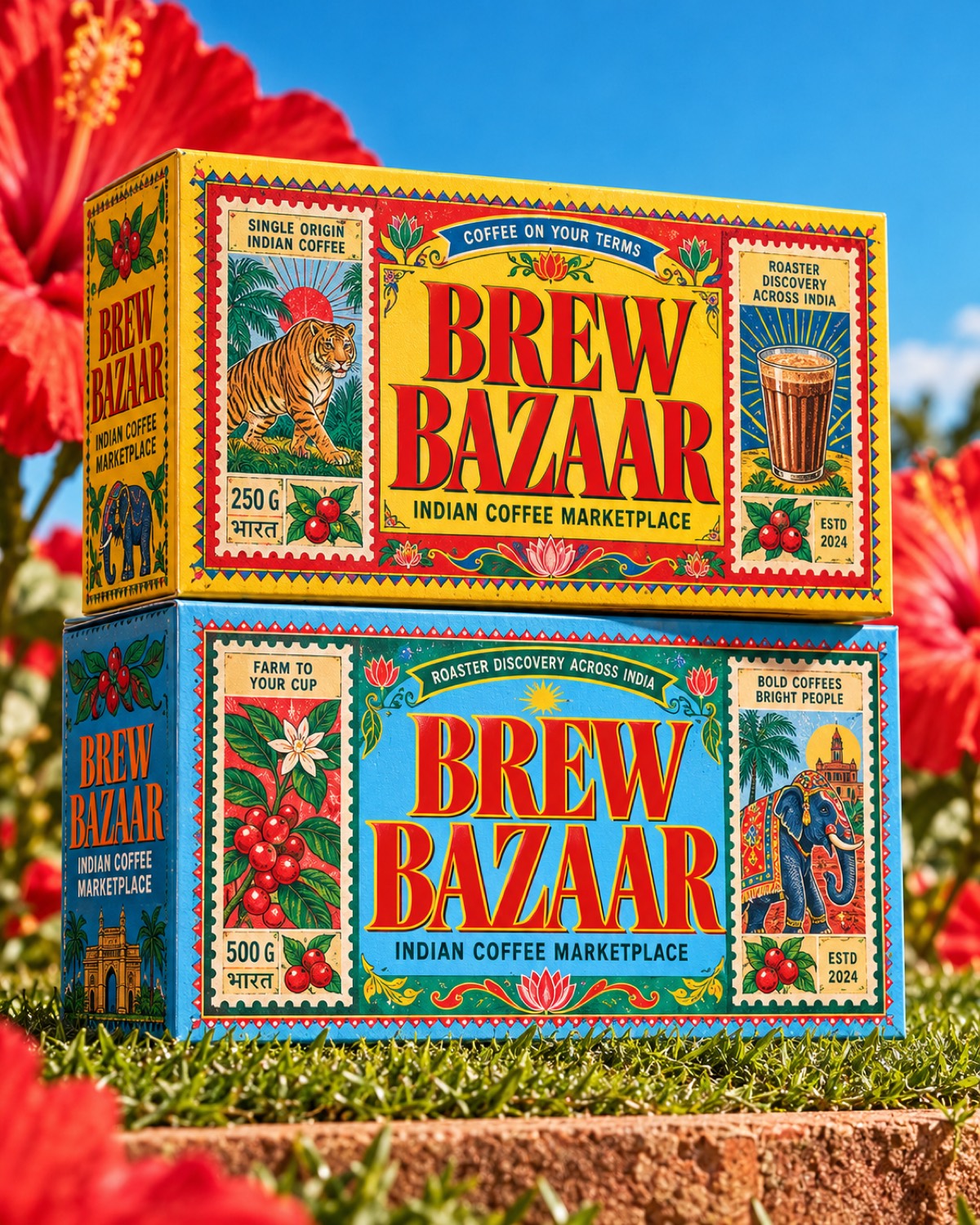 Brew Bazaar coffee boxes among hibiscus